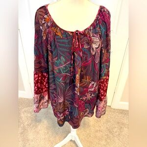 Johnny Was Jade Toledo Tiered Long Sleeve 100% Silk Tassel Print Top Blouse